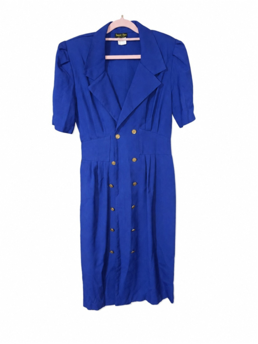 Vintage 80s Stuart Alan Blue Dress Double Breasted Gold Buttons USA Women Sz 12